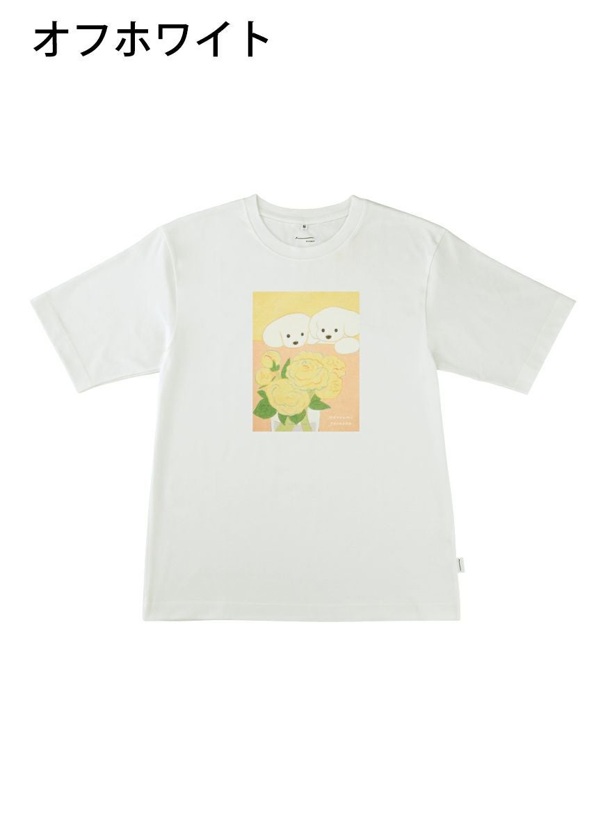 ビッグサイズシルエットTシャツ お花を見つめる犬