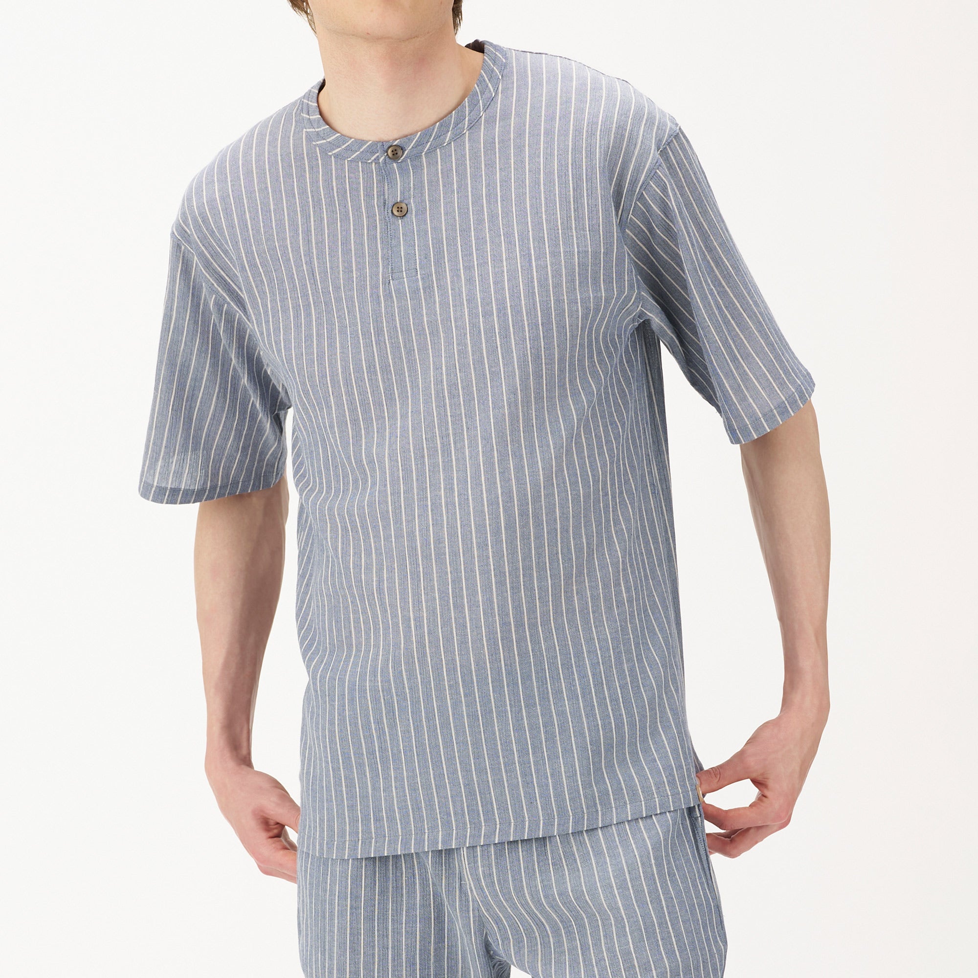 HOME BY TEMPUR メンズ 先染めクレープ 半袖ヘンリーネックTシャツ M
